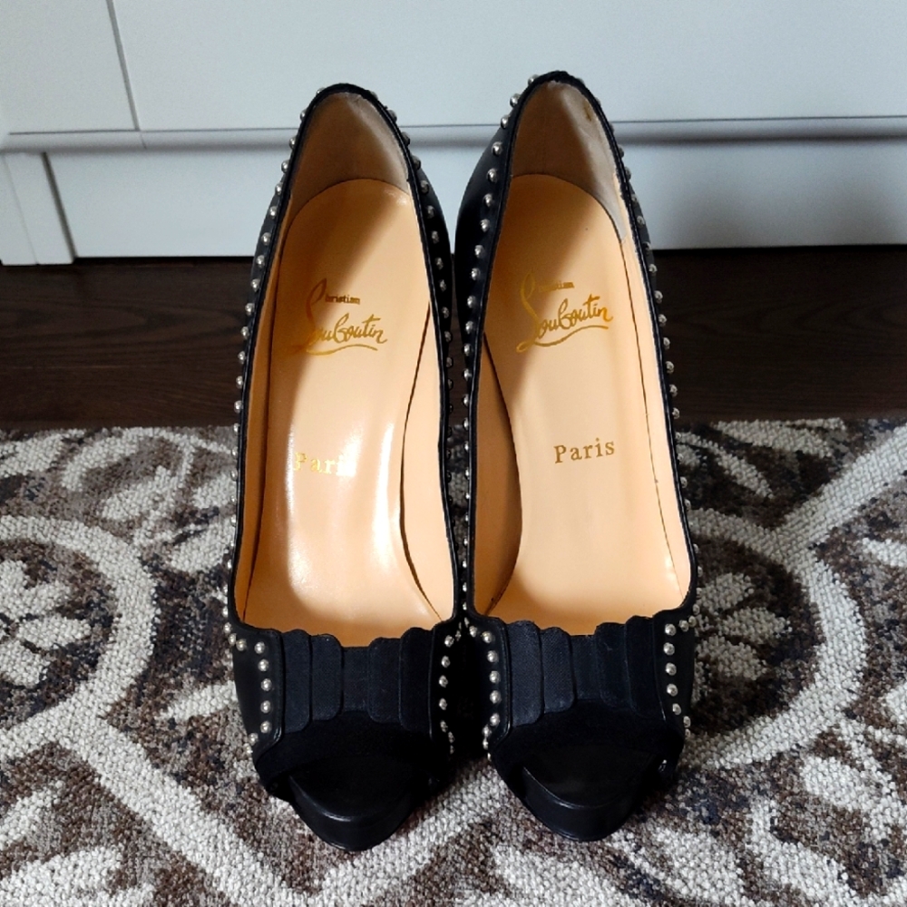 Authentic Christian Louboutin Black Leather Heels With Silver Studs